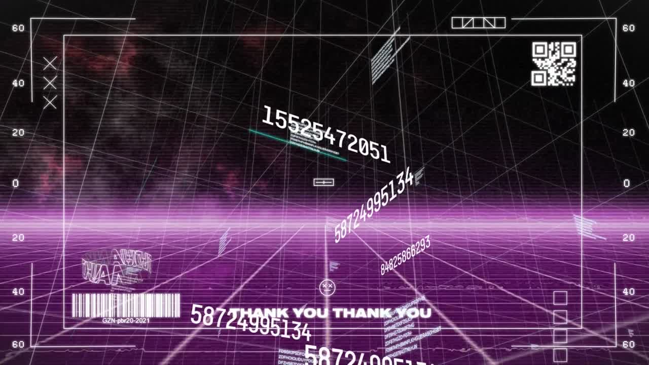 보라색 그리드 네트워크를 통해 데이터 처리에 대한 인터페이스에 대한 변하는 숫자의 애니메이션