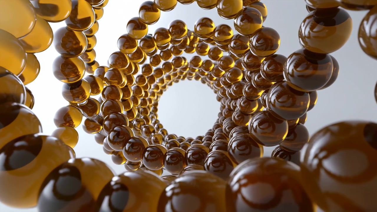 Vista interna dal basso all'interno di una spirale di sfere di vetro ambrato lucido concentriche, che riflettono la luce mentre le forme si curvano verso l'interno verso un centro circolare luminoso, creando profondità luminosa, elegante simmetria, liscio.
