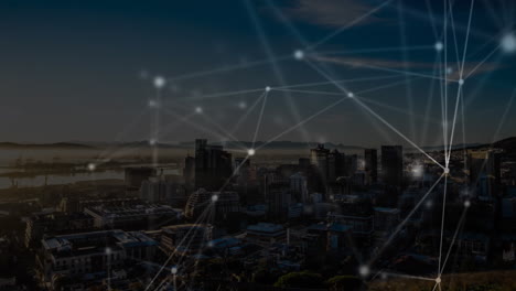 animation of network of connections and data processing over cityscape