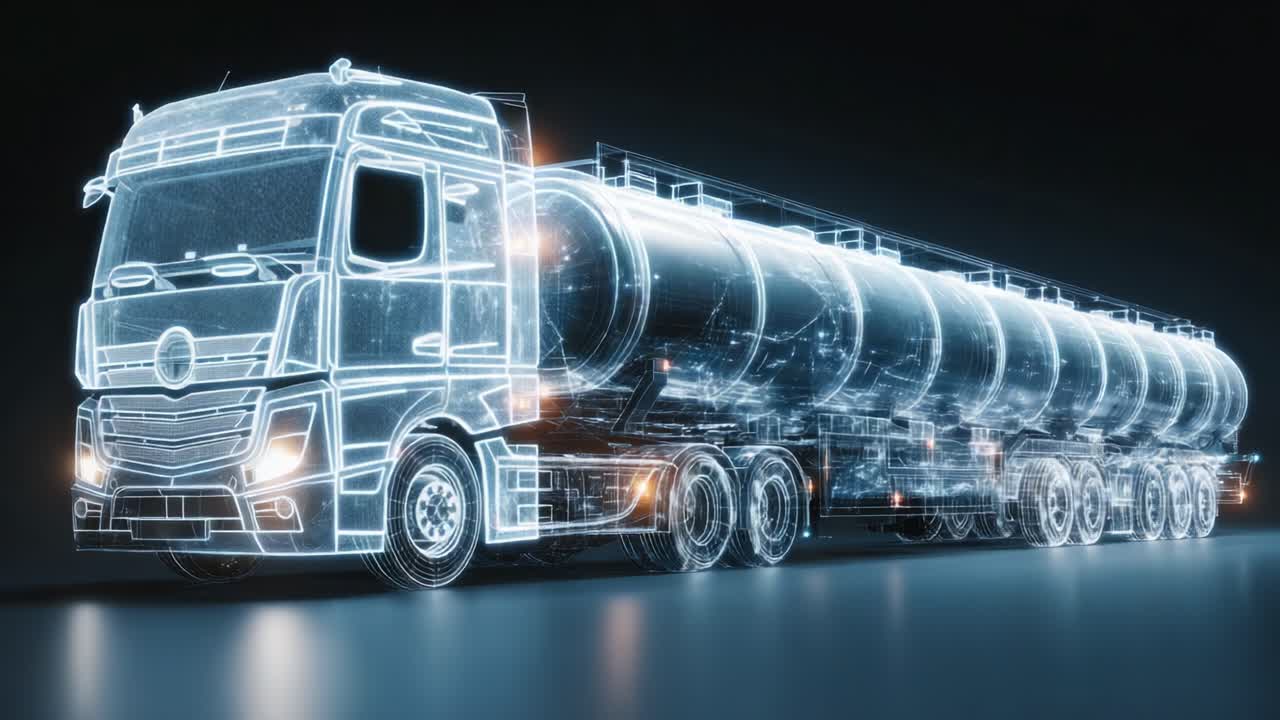A High-Tech Visualization of a Futuristic Truck with a Cylindrical Cargo Tank, Showcasing Advanced Design and Structural Elements in a Dynamic Digital Environment