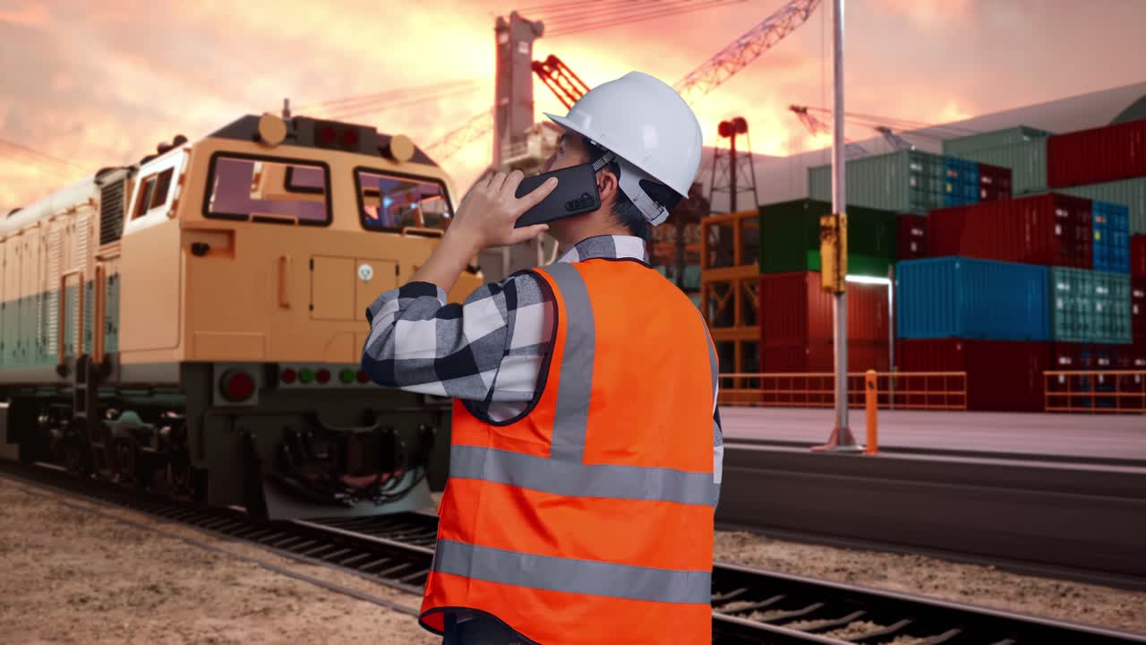 Back View Of Asian Male Engineer With Safety Helmet Talking On Smartphone While Standing With Freight Cargo Train At Port