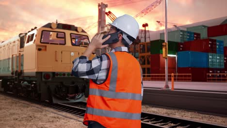 back view of asian male engineer with safety helmet talking on smartphone while standing with freight cargo train at port