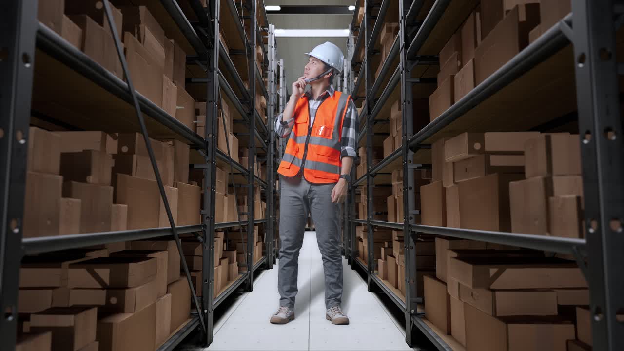 cuerpo lleno de ingeniero masculino asiático con casco de seguridad de pie en el almacén con estantes llenos de bienes de entrega. pensando en algo y mirando a su alrededor en el almacenamiento