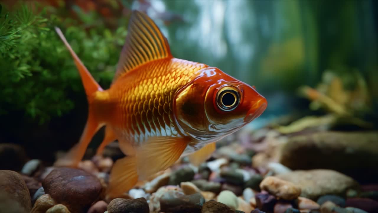 Un bellissimo pesce rosso che nuota con grazia tra le pietre colorate in un sereno habitat acquatico, catturando i suoi colori vibranti e le sue caratteristiche uniche