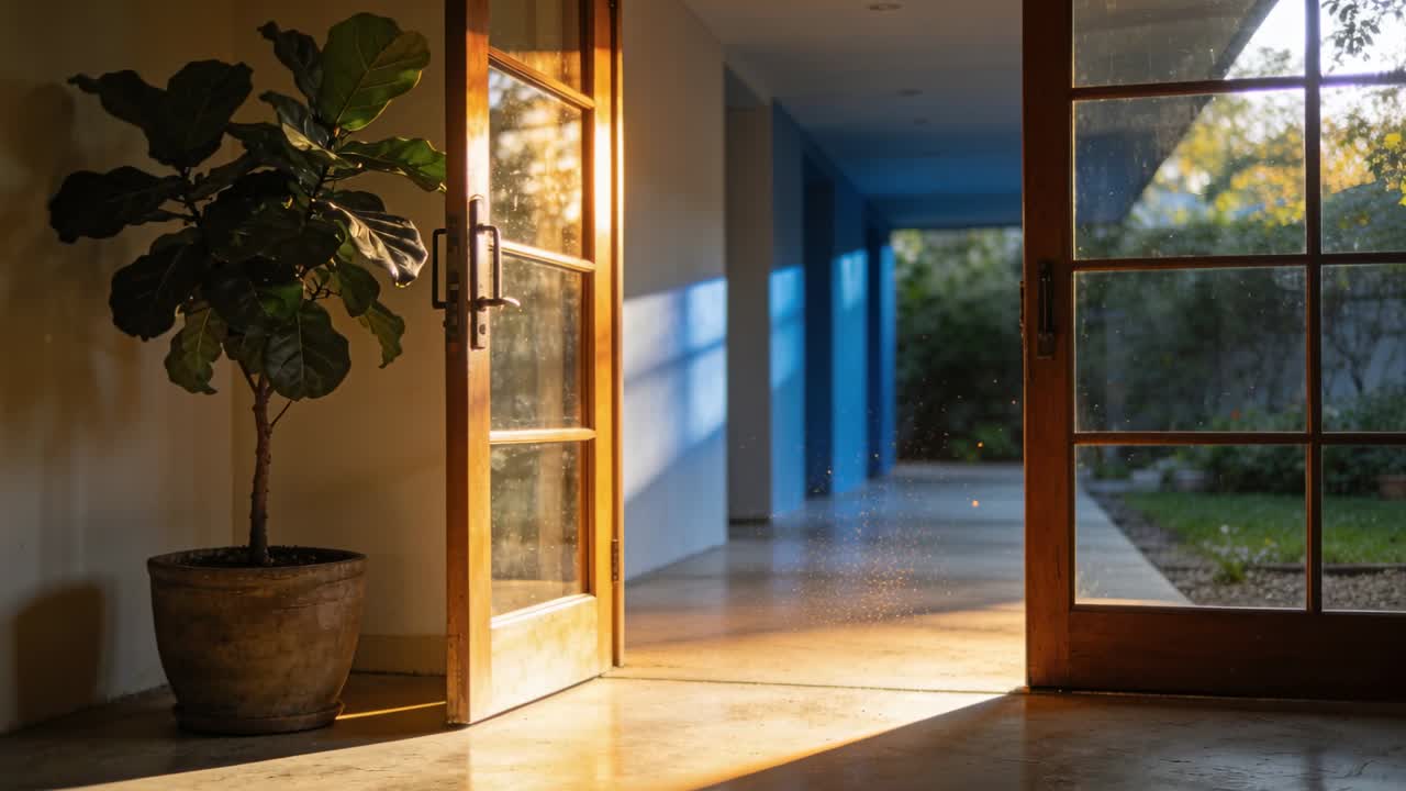 Sole tardivo che filtra, illuminando ampiamente la porta in legno e vetro all'ingresso della casa, un fico in vaso e colonne blu.