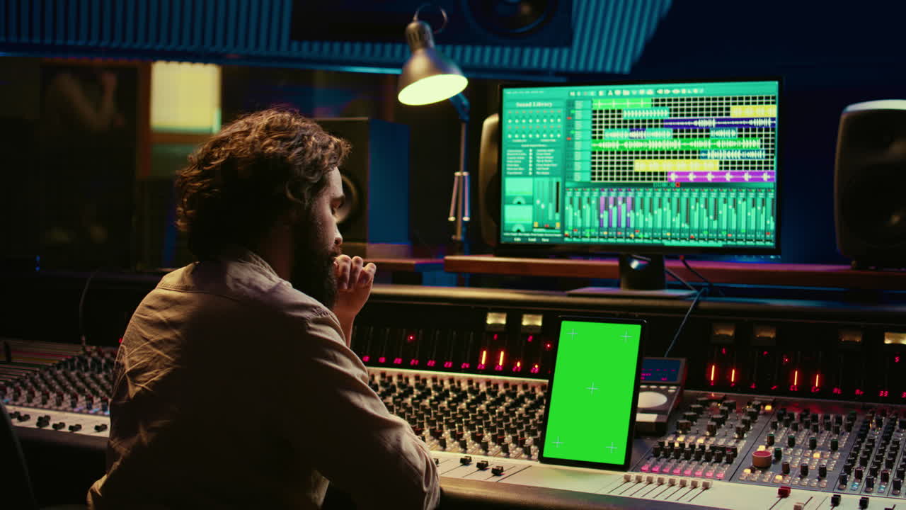 Music producer recording, mixing and reproducing sound on audio software