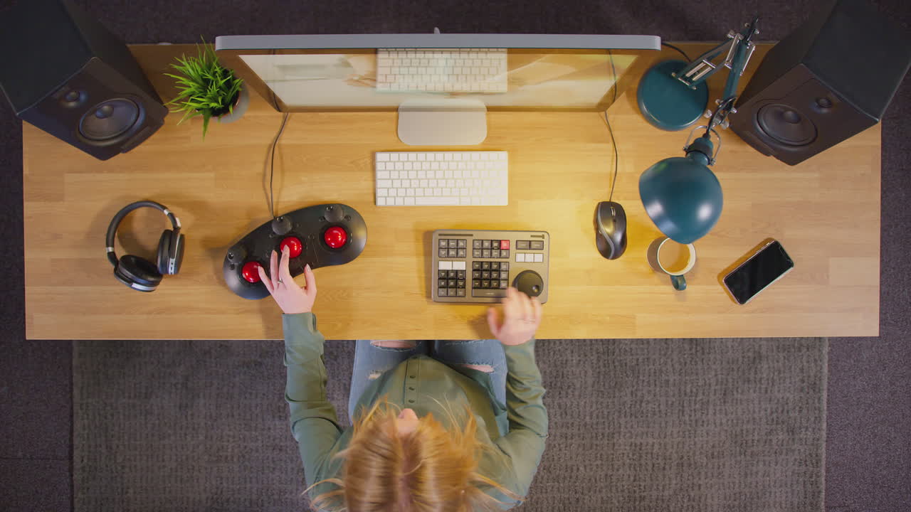 Fugleperspektiv af kvindelig grafisk designer eller retoucher, der arbejder ved computer på kontoret om natten.
