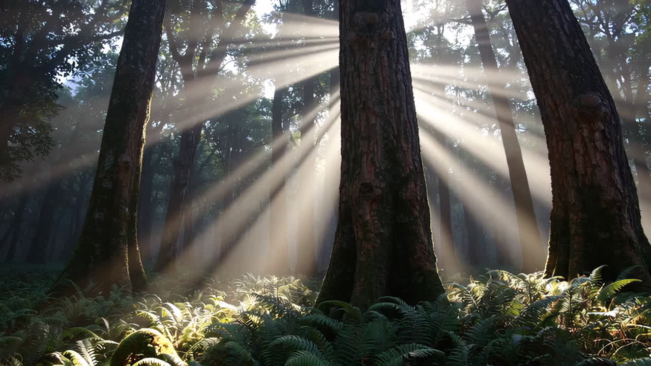Sunlight Streams Through the Misty Forest