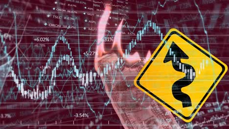 Animation-Eines-Gelben-Straßenschilds-Und-Eines-Brennenden-Amerikanischen-Dollars-über-Der-Börsenanzeige