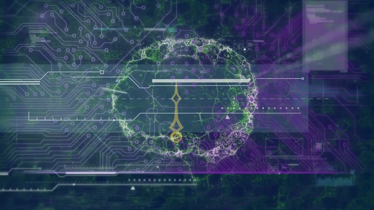 Animation of digital screen with diverse data, brain and integrated circuit