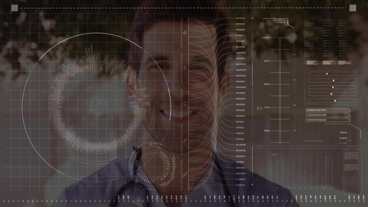 Male doctor smiling outdoors, showcasing medical data HUD overlays featuring charts and graphs