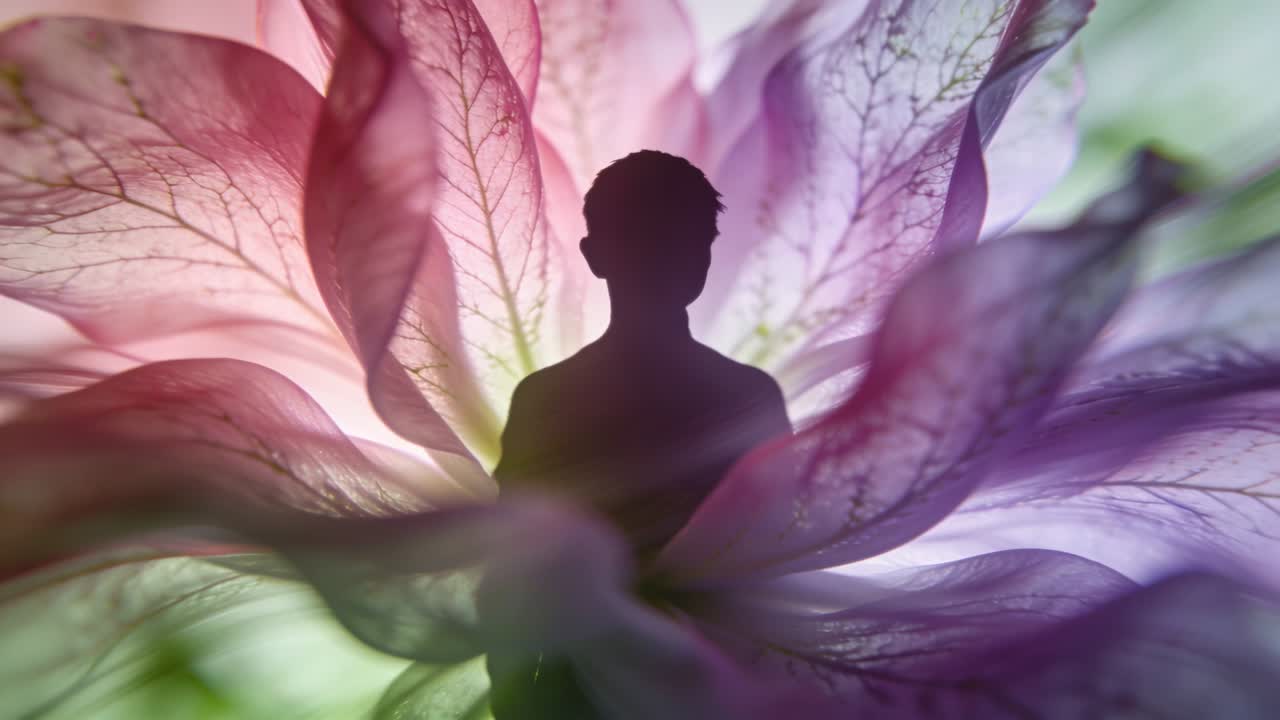 Cadrage d'une silhouette masculine portant un t-shirt dans un décor de studio, une lumière balayante révélant les nervures de pétales.