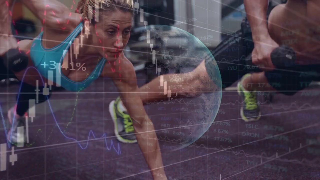 Pair starting plank doing dumbbell rows on purple floor finance charts overlaying bodies for core
