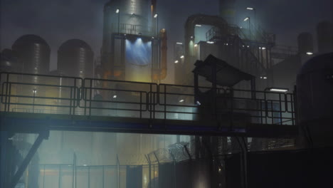 industrial landscape shrouded in mist at night with towering structures