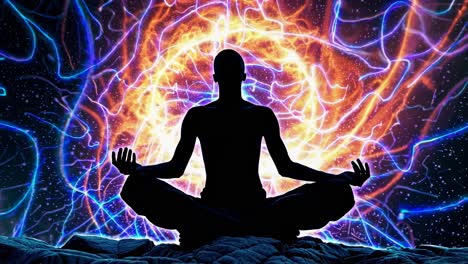 silhouette of a meditating figure with cosmic energy backdrop
