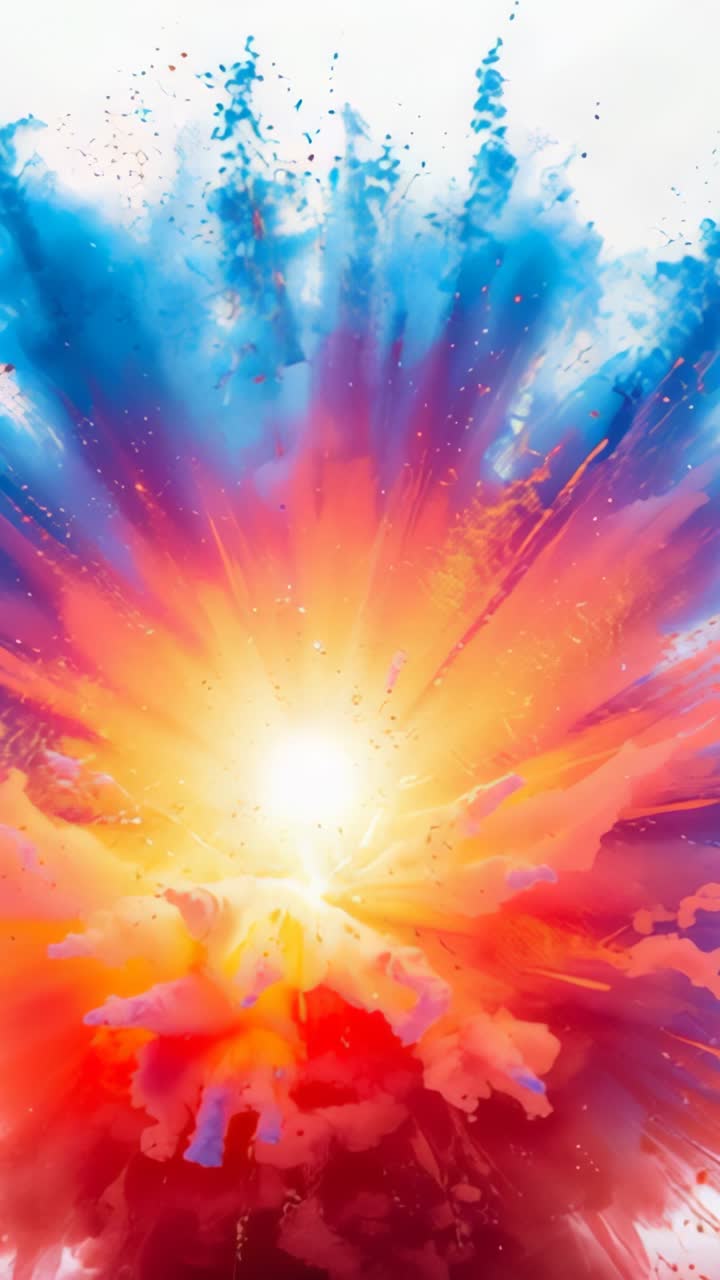 Vertical video: Igniting vibrant powder erupting from center, showing bright warm and cool hues