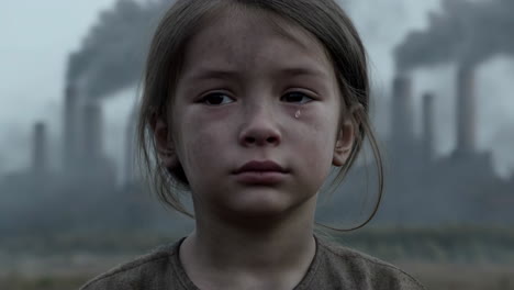 child's face of despair amidst industrial pollution