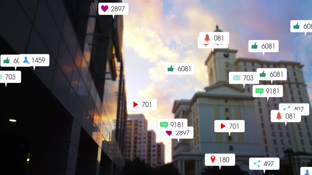 건물 위로 이동하는 구름의 숫자와 시간과 함께 알림 아이콘의 애니메이션