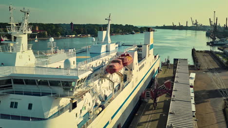 aerial view of the top deck of a sea ferry during beautiful, sunny morning