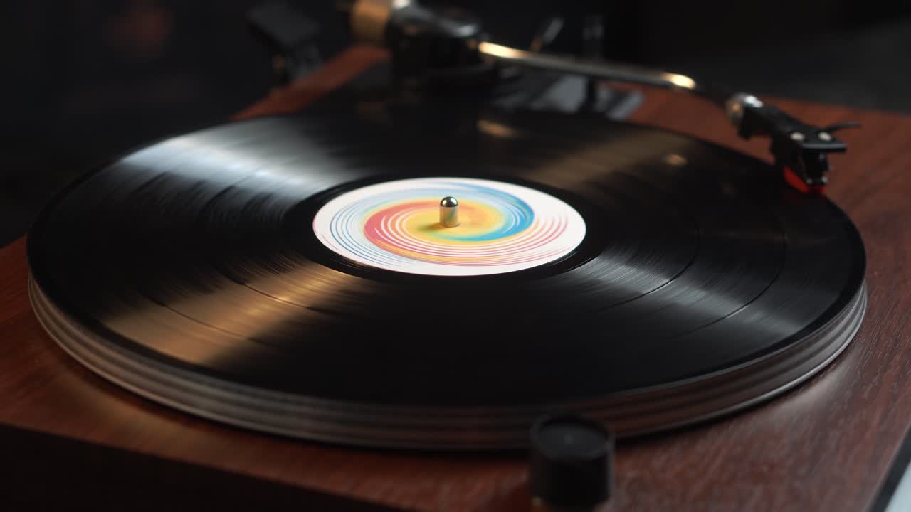 Close-up of a Vinyl Record Spinning on a Turntable