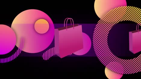 animation of shopping bags and neon circles on black background