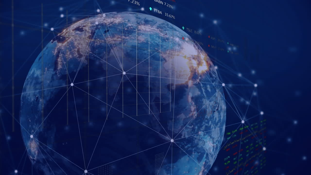 Animation of connected dots, trading board and numbers over rotating globe in background