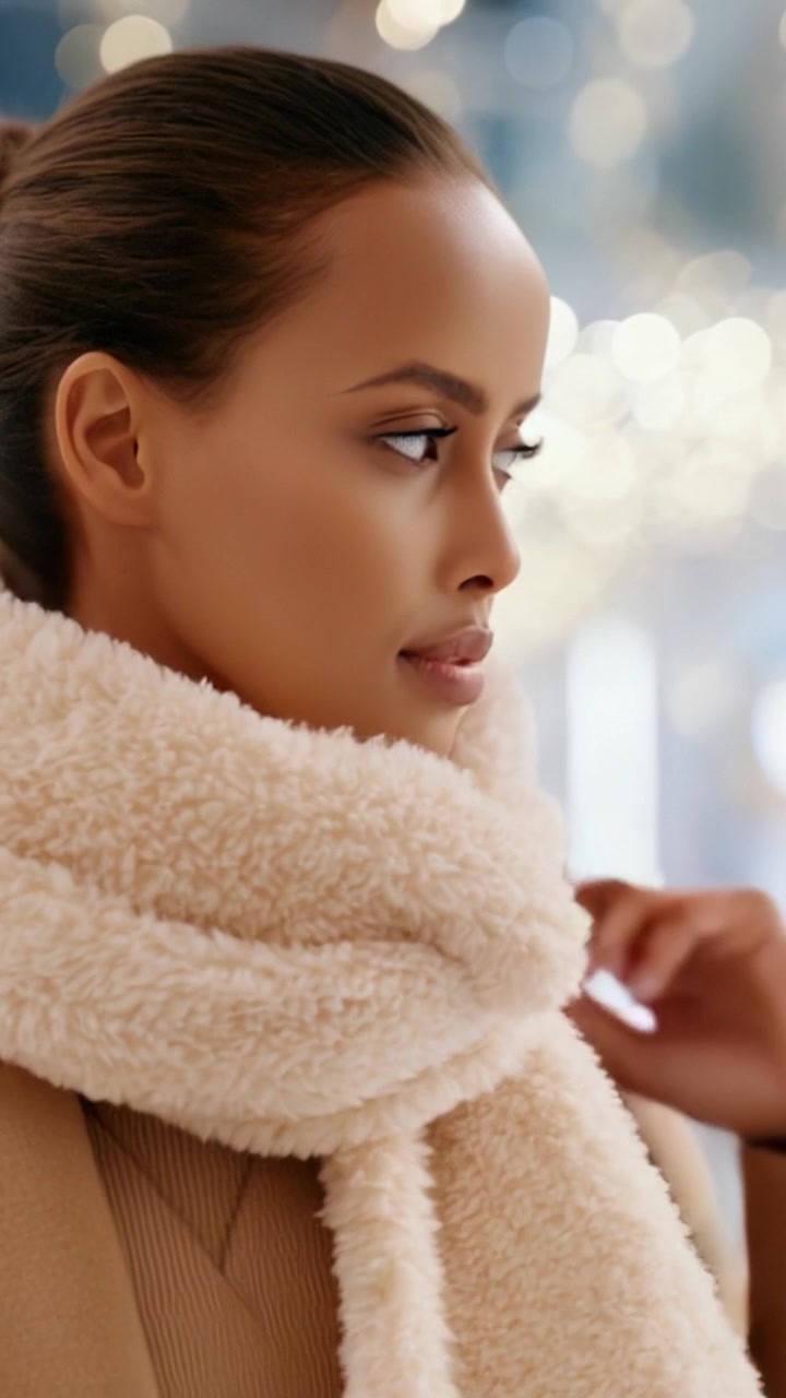 Una donna pensierosa con una sciarpa accogliente: cattura l'essenza dell'eleganza invernale con texture morbide e un aspetto caldo su uno sfondo scintillante.