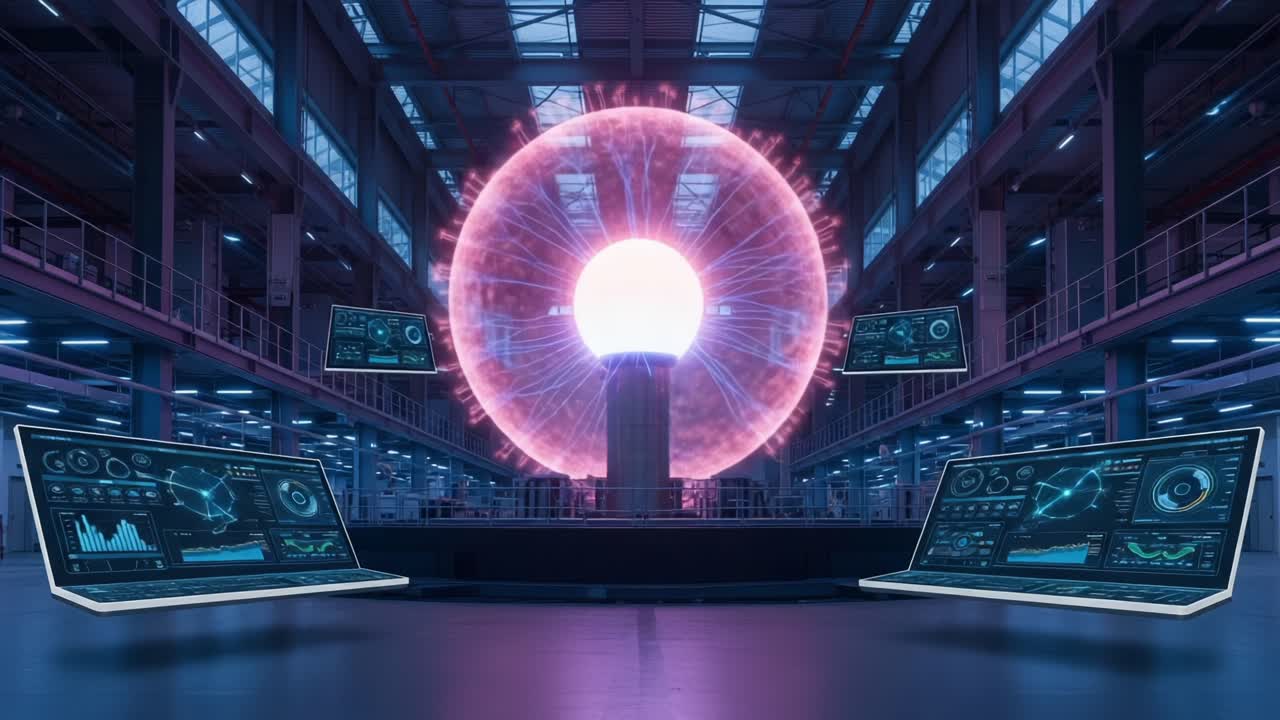 A High-Tech Facility Showcasing Advanced Energy Generation with Interactive Displays and a Central Plasma Sphere, Highlighting Innovation and Modern Science in Action