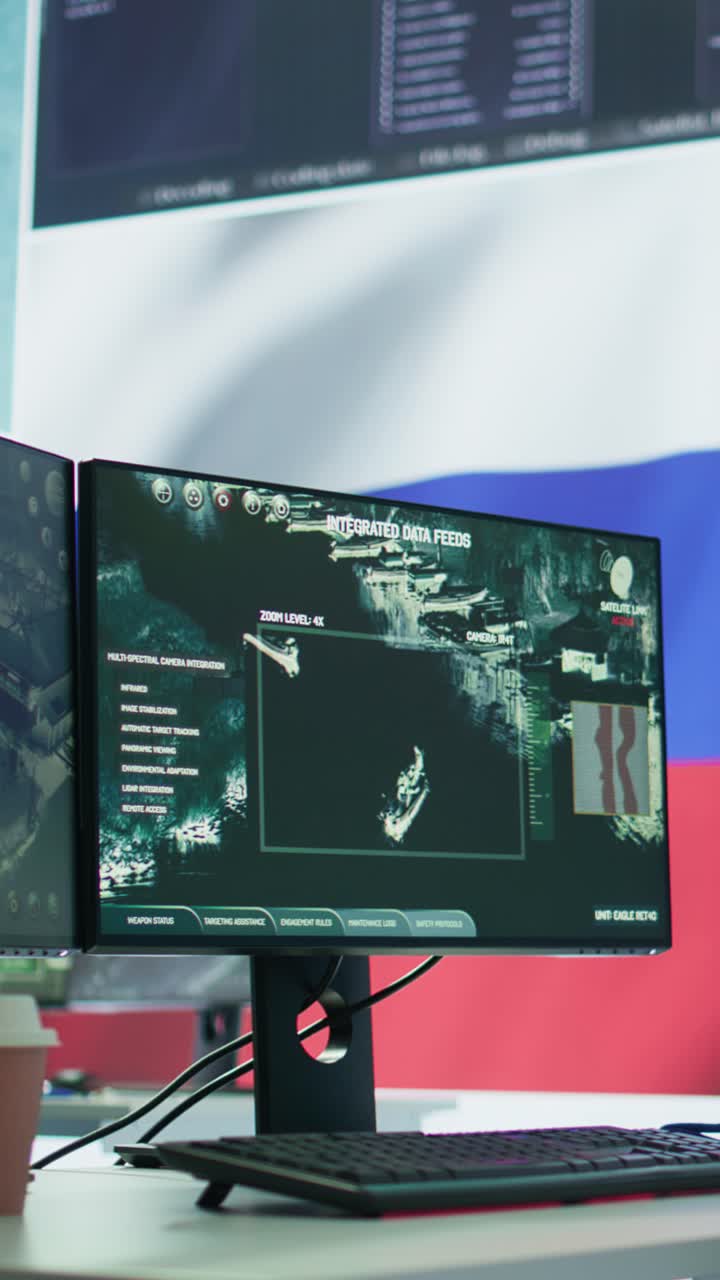 Video verticale. Centro di controllo militare russo vuoto con un grande schermo che mostra la bandiera nazionale.