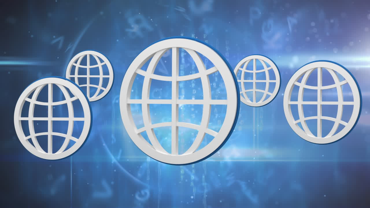 animación digital de múltiples iconos web contra números y símbolos en fondo azul