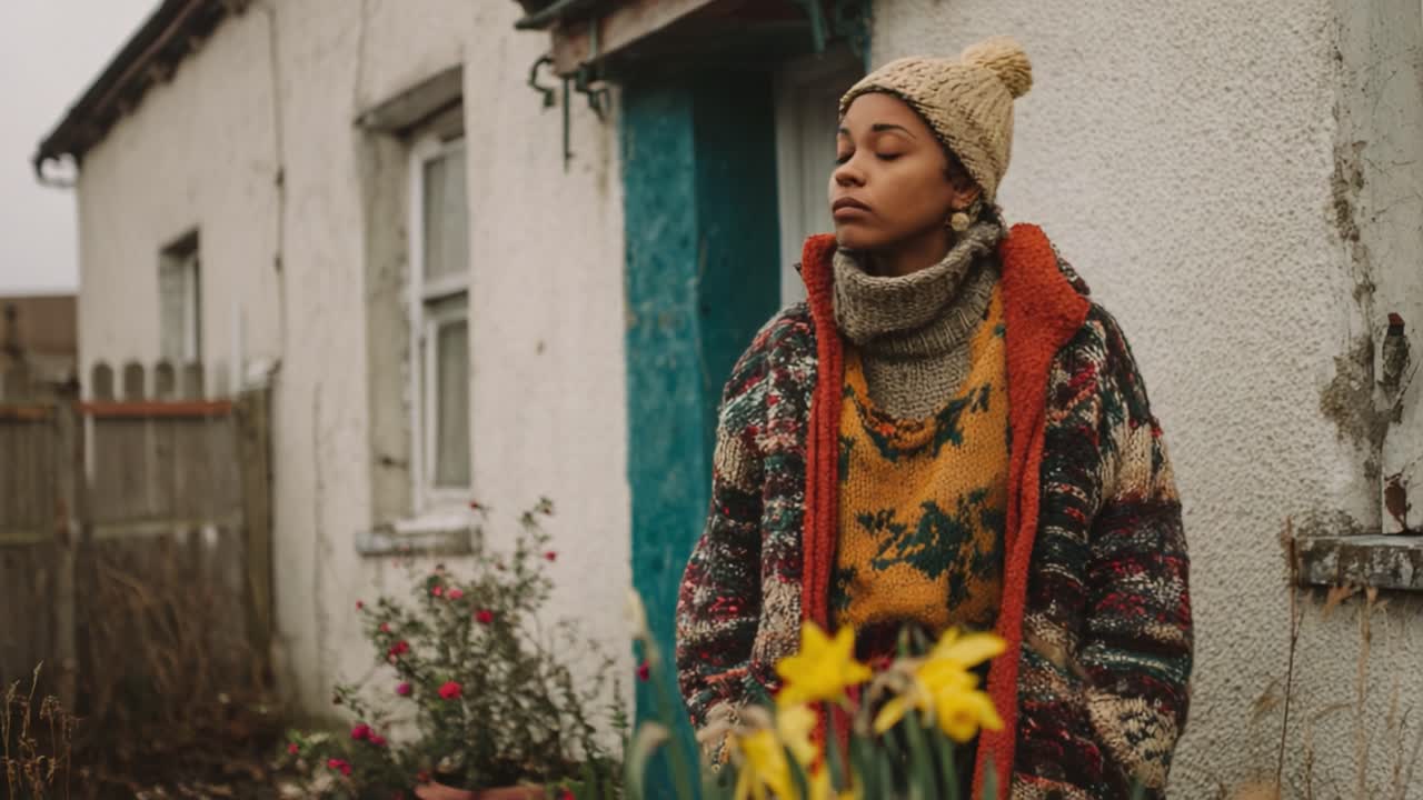 A Thoughtful Woman in Cozy Knitwear Standing by a Vintage House with Bright Yellow Daffodils, Capturing a Moments of Reflection and Peace Amidst Nature's Beauty