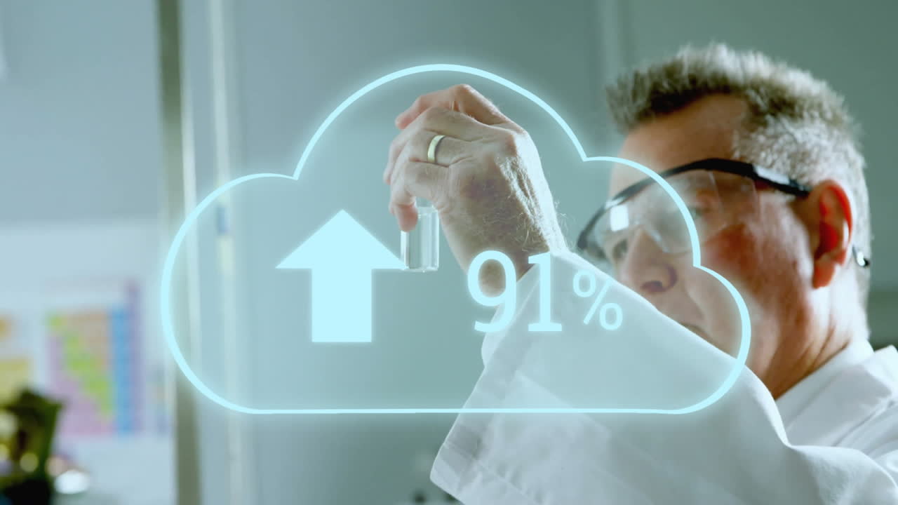 animación de una nube con porcentajes sobre un científico caucásico haciendo un experimento