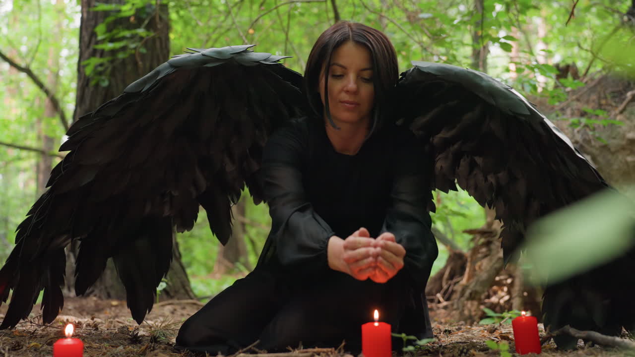 Woman diviner with large black wings kneels in forest surrounded by burning red candles, touching flame before prayer to forest spirit, performing ancient ritual filled with mystery