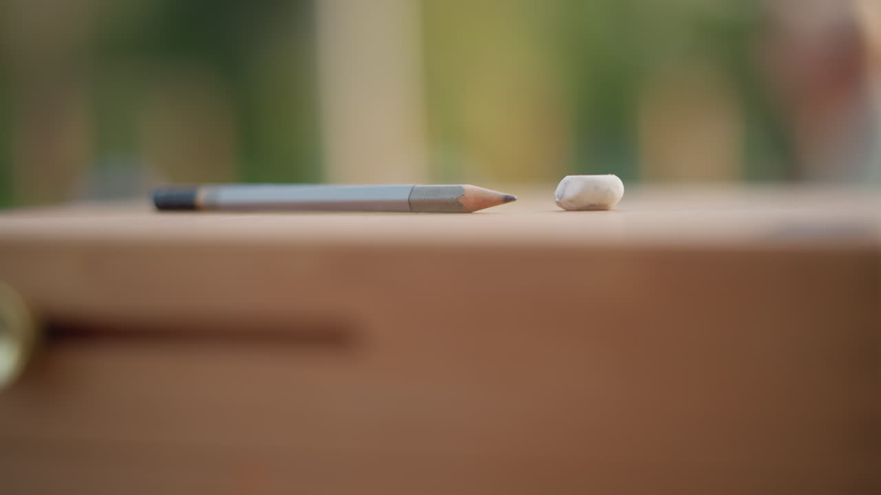 Matita e gomma da cancellare su carta, appoggiate su una scatola di legno ai margini di un parco affollato, profondità di campo ridotta con effetto mosso e silhouette di passanti sullo sfondo, atmosfera urbana spontanea, disegnatore in pausa tra le tracce