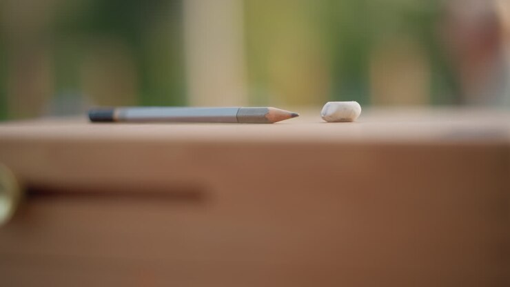 pencil and eraser on paper, resting on wooden box at busy park edge, shallow depth with motion blur and passerby silhouettes in background, candid urban scene mood, sketcher pausing between strokes