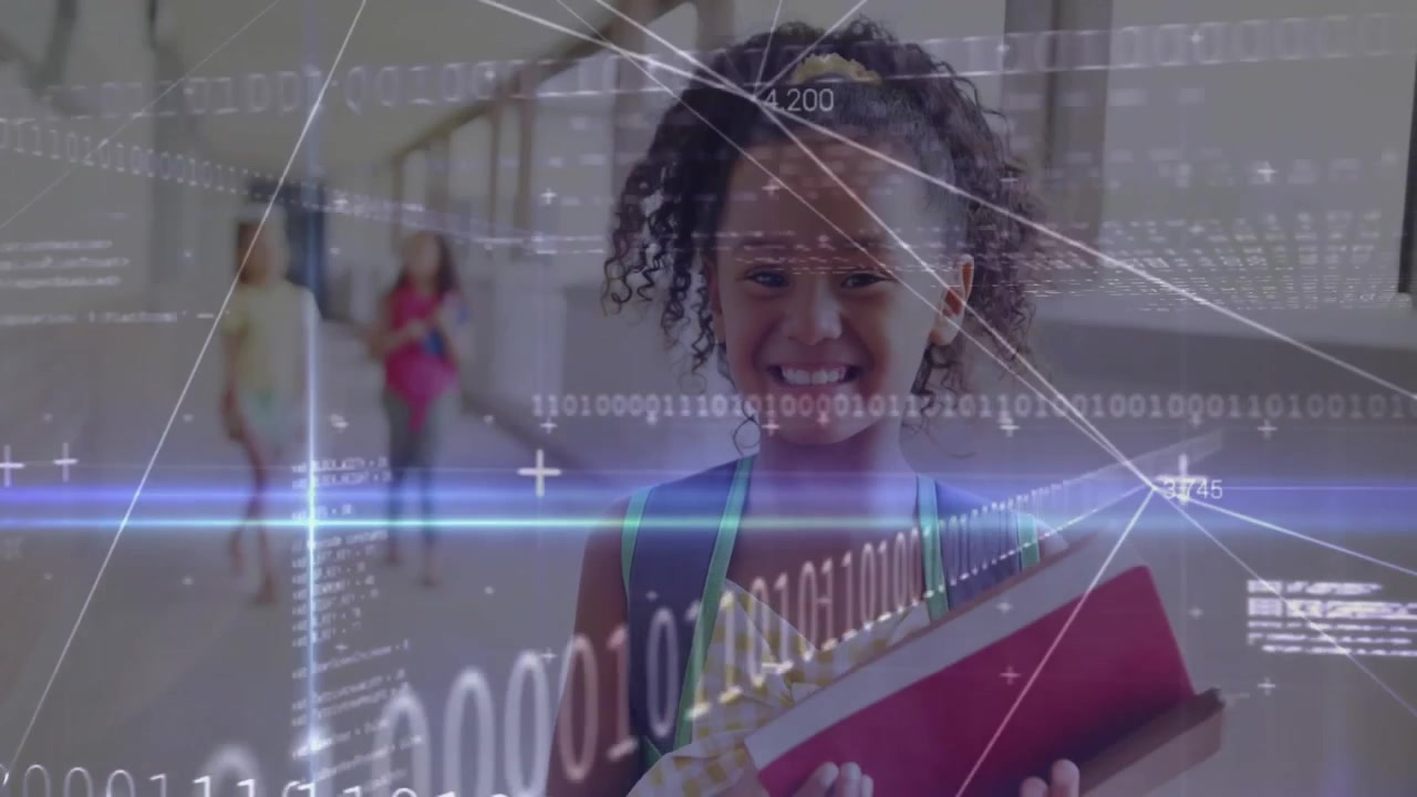 frames moving starting binary overlays sliding while girl smiling in school hall showing edtech