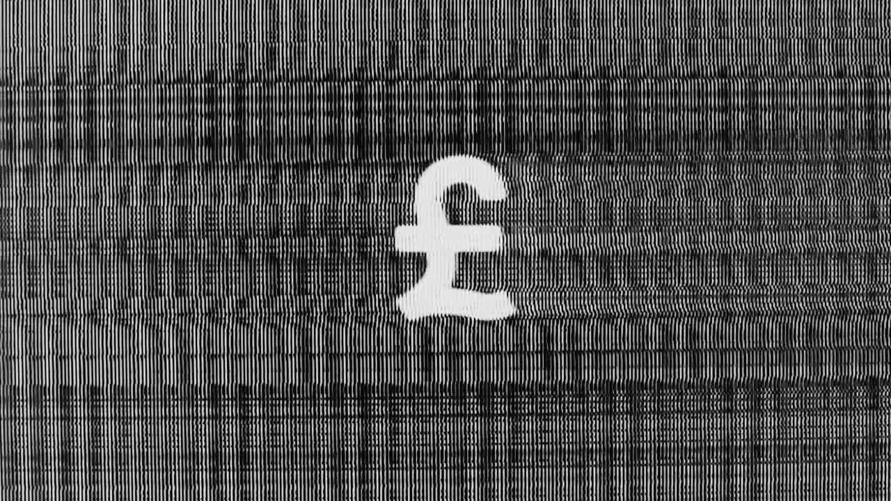 검은색과 회색 바탕을 가진  ⁇ 색 파운드 기호 또는 표지판이 회로 구부러짐에서 퍼져 나갑니다.