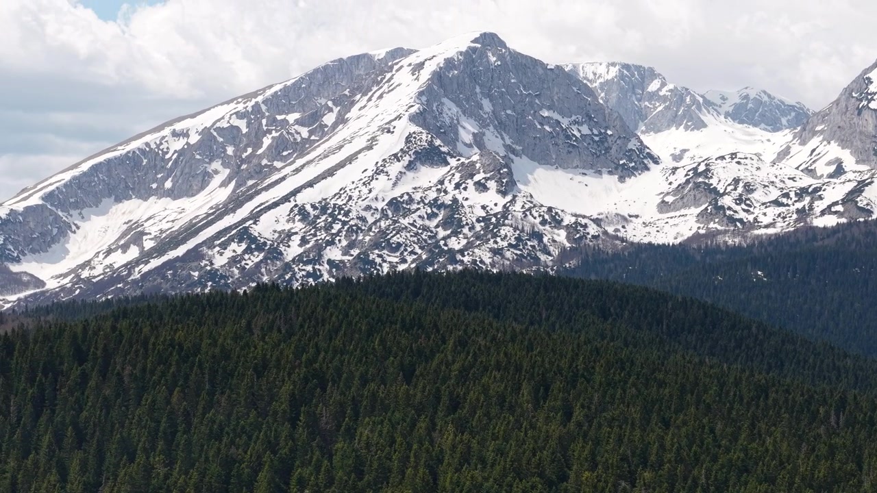 Ripresa con drone delle cime innevate del Monte Durmitor sopra una foresta verde, Montenegro