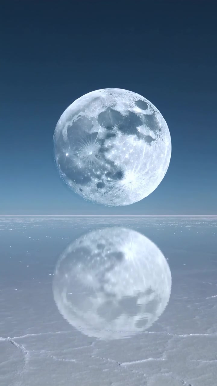 Vídeo vertical: Enquadrando a lua cheia sobre um horizonte fino, a moldura muda causando um brilho espelhado no salar.