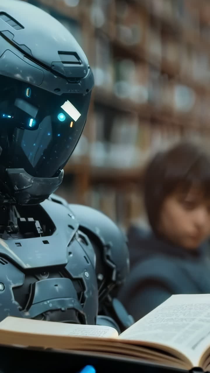 Robot Reading Book in Modern Library With Children Nearby. A robot engrossed in reading a book while children observe in a modern library setting. Vertical video