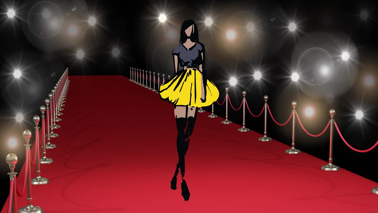 animación del dibujo de un modelo en la alfombra roja en un desfile de moda, sobre un fondo negro