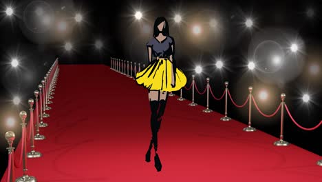 Animation-of-drawing-of-model-on-red-carpet-at-fashion-show,-on-black-background