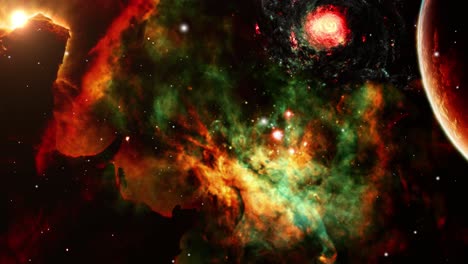 nubes nebulosas rojas y un planeta acercándose en el universo