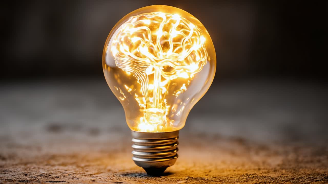 Creatività Illuminata: Lampadina Accattivante con Motivi Neurali, Ispira Innovazione e Profonde Riflessioni su Sfondo Attenuato.