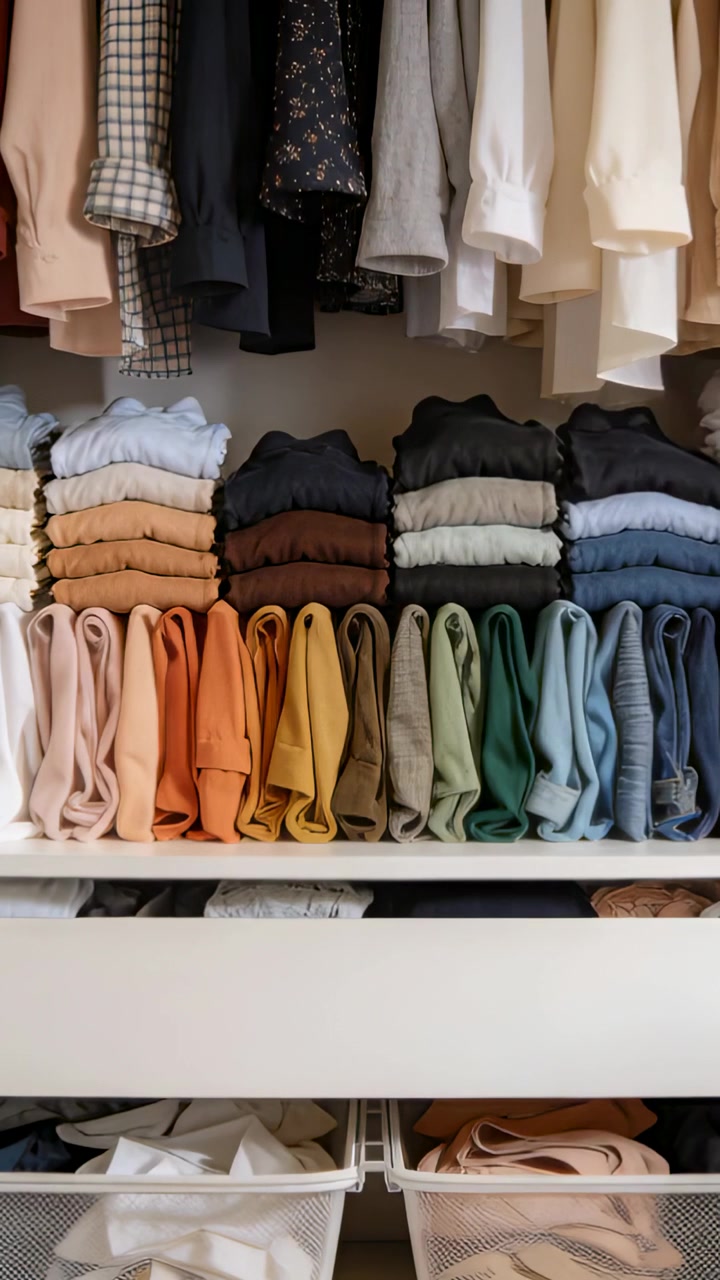 Vertical video: Placing rolled hat, hand stacking knits behind front row on shelf, creating space