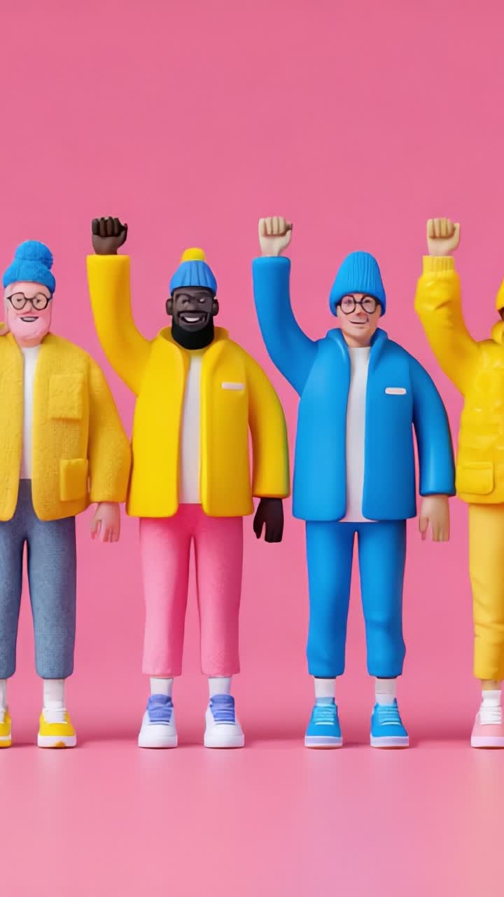 Colorful Figurines with Raised Fists United in Celebration Posing Against a Bright Pink Background, Showcasing Individual Styles and Vibrant Attires
