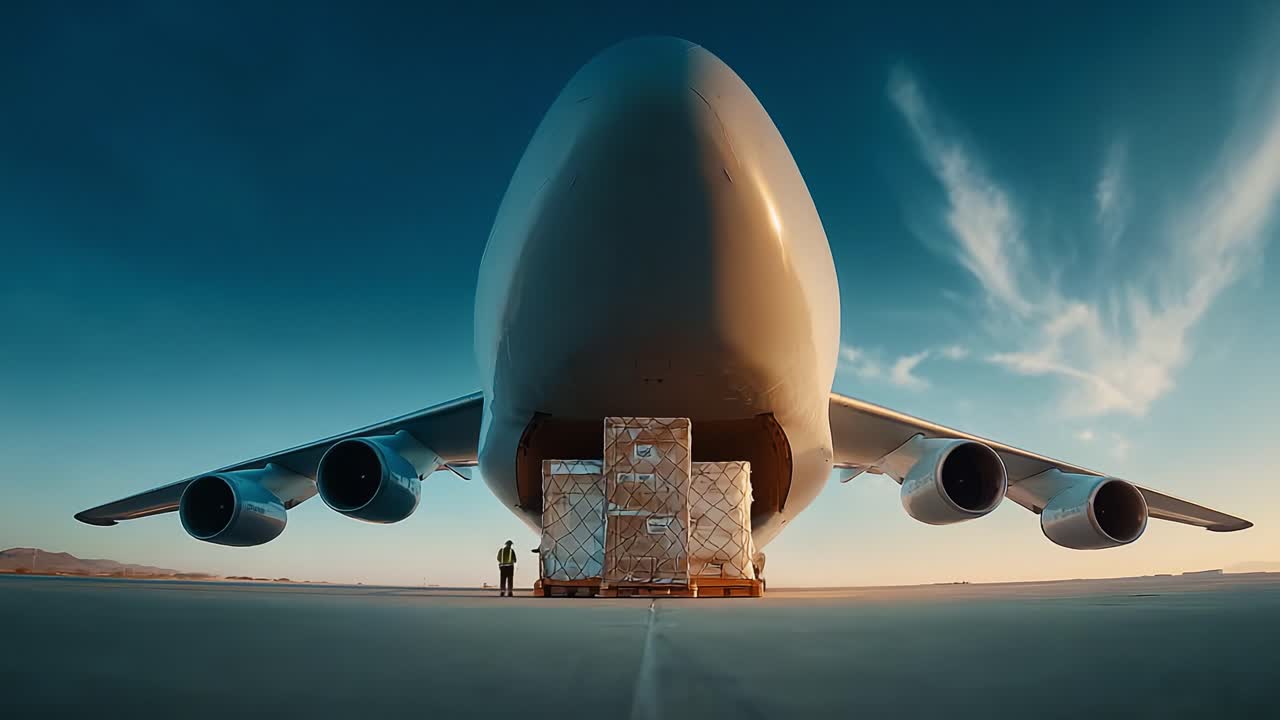 Massive cargo aircraft unloading freight under a clear blue sky, showcasing the efficient transport of goods by air. Ground crew assists in handling the cargo during operations