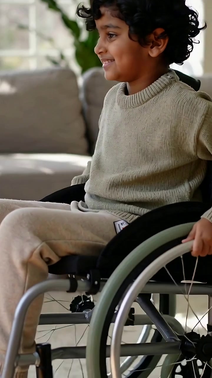 Vertical video: Pulling camera, smiling child gripping wheelchair rim preparing to move at home