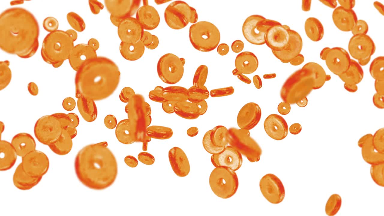 색 배경에 많은 평평한 도을 날아. 도 케이크, 과자, 디저트. 도 회전의 3d 애니메이션. 루프 애니메이션.