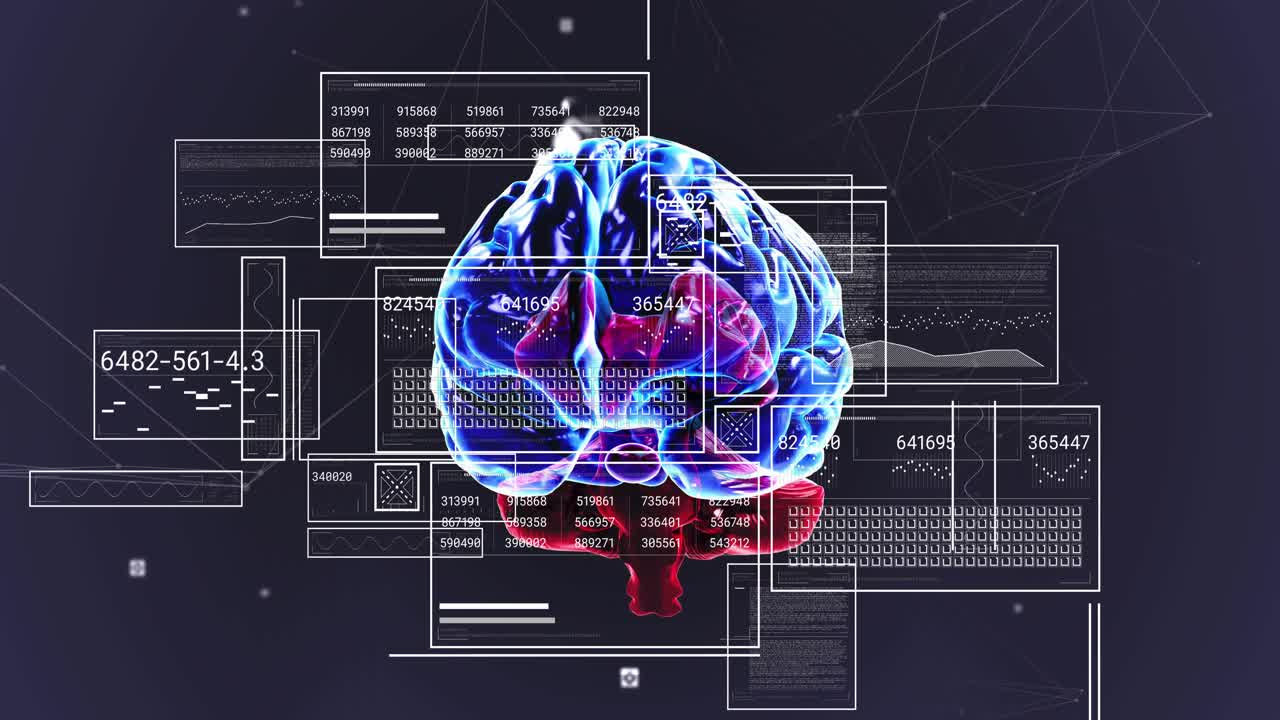 Start 3D brain floating, panels sliding waves moving code pulsing overlays merging presenting data
